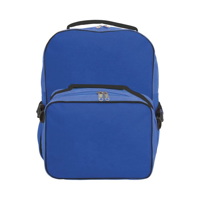 Mochila escolar con compartimento principal y asa. Incluye lonchera con broches de seguridad. AZUL