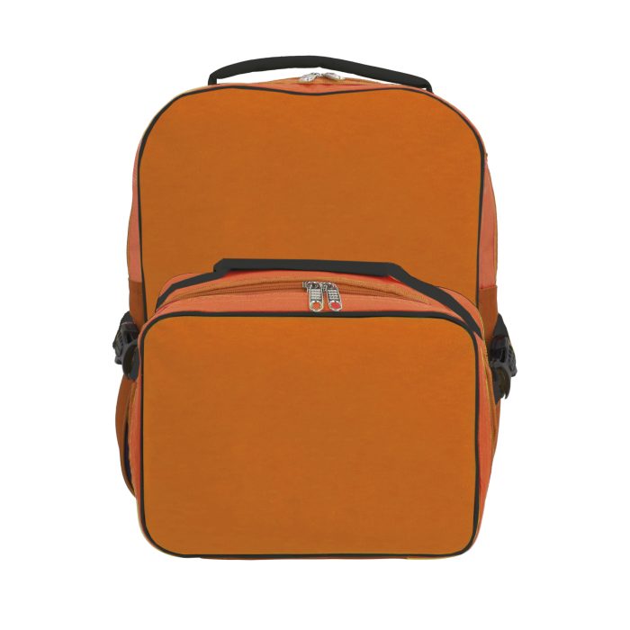 Mochila escolar con compartimento principal y asa. Incluye lonchera con broches de seguridad. NARANJA