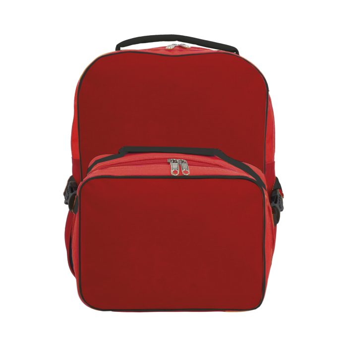 Mochila escolar con compartimento principal y asa. Incluye lonchera con broches de seguridad. ROJO