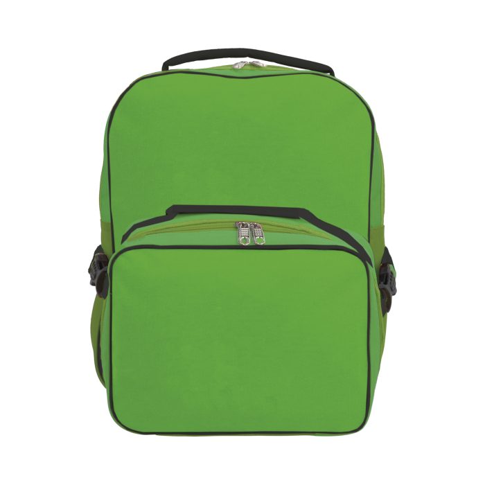 Mochila escolar con compartimento principal y asa. Incluye lonchera con broches de seguridad. VERDE