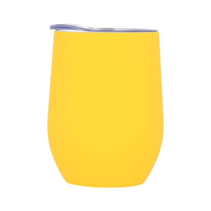 Termo con doble pared de acero inoxidable y acabado rubber. Incluye tapa transparente de cierre a presión. AMARILLO
