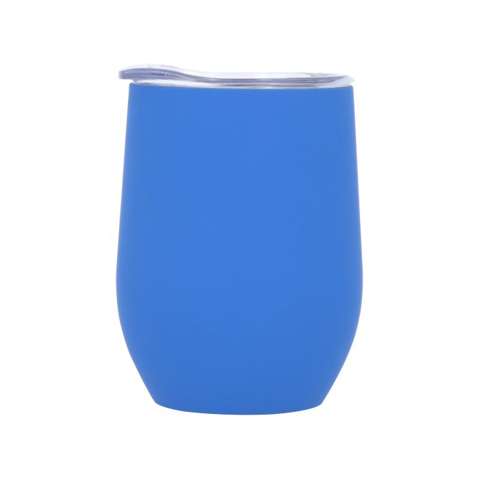 Termo con doble pared de acero inoxidable y acabado rubber. Incluye tapa transparente de cierre a presión. AZUL
