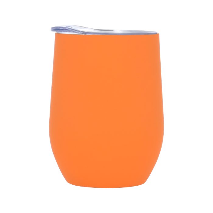 Termo con doble pared de acero inoxidable y acabado rubber. Incluye tapa transparente de cierre a presión. NARANJA