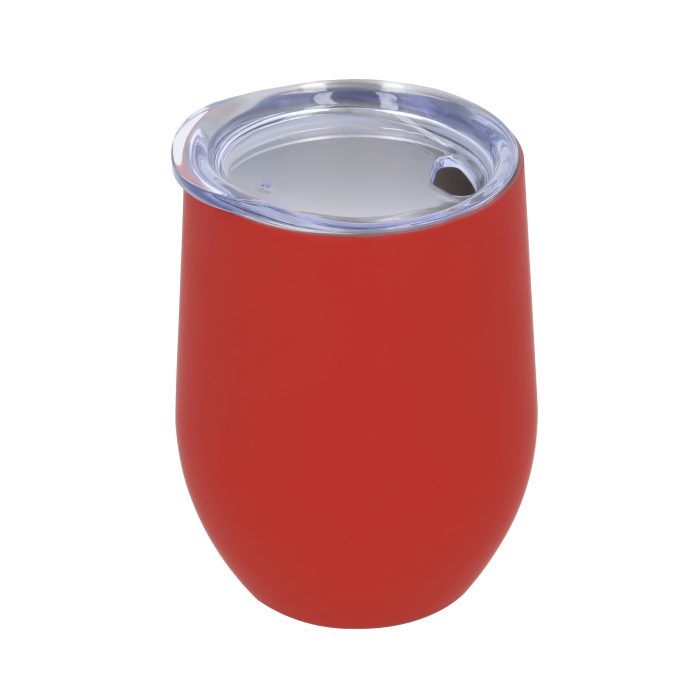 Termo con doble pared de acero inoxidable y acabado rubber. Incluye tapa transparente de cierre a presión. ROJO