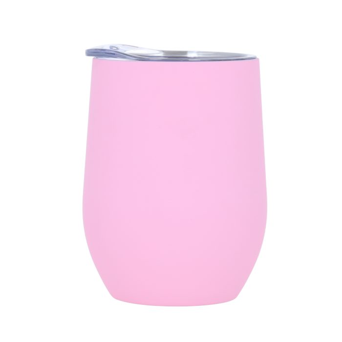 Termo con doble pared de acero inoxidable y acabado rubber. Incluye tapa transparente de cierre a presión. ROSA
