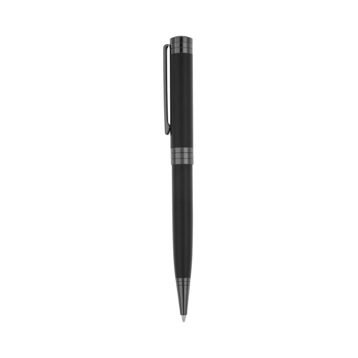 Bolígrafo metálico con clip, detalles en color negro en el cuerpo y mecanismo retráctil. NEGRO