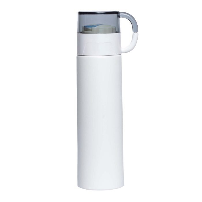 Termo de acero inoxidable, insulado al vacío, con tapa que sirve como taza. BLANCO