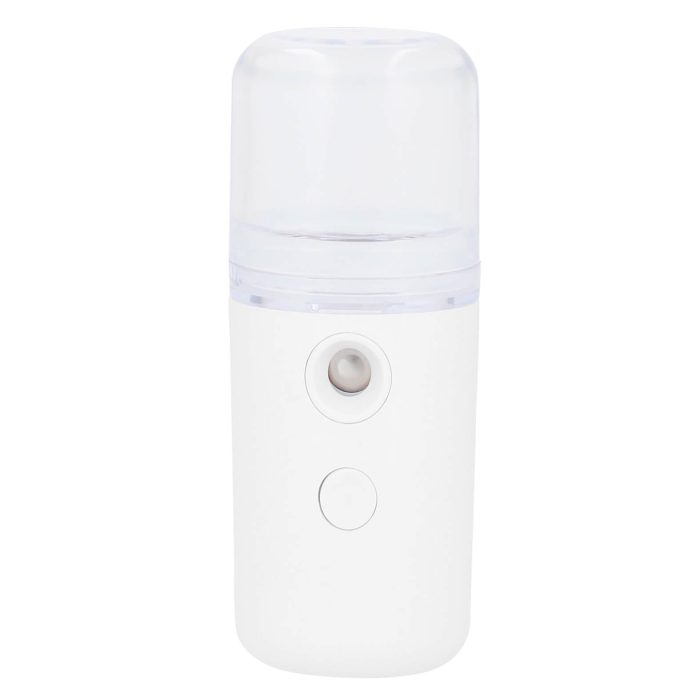 Humidificador portátil de plástico traslúcido y botón de encendido, con luz interna. Incluye cable de carga. (no incluye líquido). BLANCO
