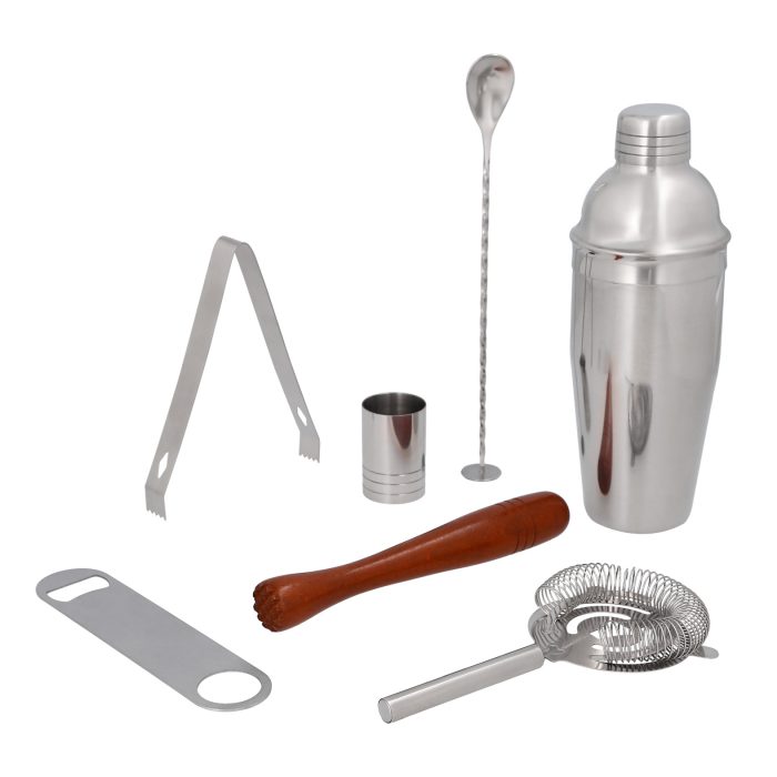 Set de coctelería. Incluye 8 accesorios: funda, shaker, medidor, cucharilla, mortero, destapador, pinzas y colador / mezclador. GRIS