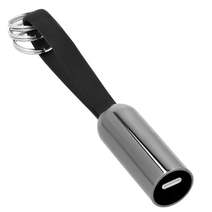 Cargador multifuncional con correa de silicón, protector de metal y 3 arillos para usar como llavero, con entrada micro usb, entrada para iphone, entrada tipo C y entrada usb para carga. (Incluye imán para unirlos). NEGRO
