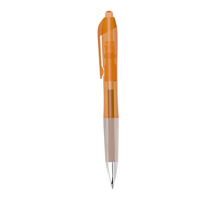 Bolígrafo de plástico con tinta de gel, grip de goma, clip y mecanismo de click. NARANJA