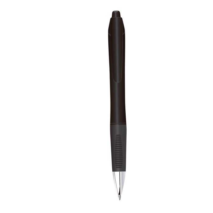 Bolígrafo de plástico con tinta de gel, grip de goma, clip y mecanismo de click. NEGRO