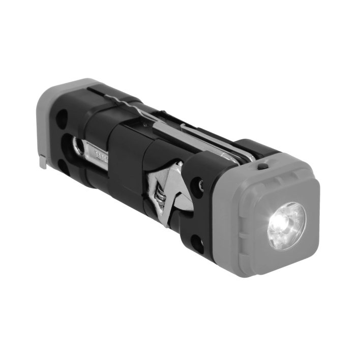 Desarmador 13 en 1, cuerpo de plástico con lampara y flexómetro, utiliza 3 baterías LR44 (No incluidas). NEGRO