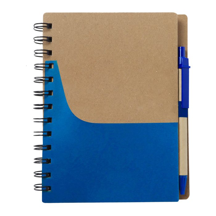 Libreta ecológica de cartón con espiral, sobre ranura porta tarjetas, pluma y 70 hojas de raya. AZUL