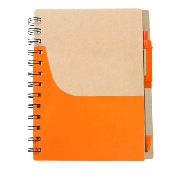 Libreta ecológica de cartón con espiral, sobre ranura porta tarjetas, pluma y 70 hojas de raya. NARANJA