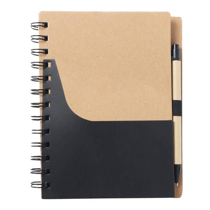 Libreta ecológica de cartón con espiral, sobre ranura porta tarjetas, pluma y 70 hojas de raya. NEGRO