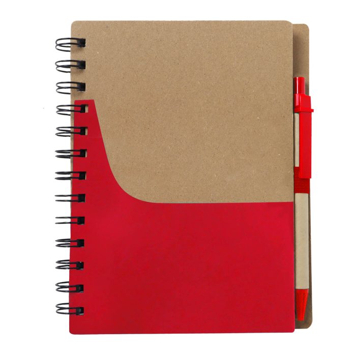 Libreta ecológica de cartón con espiral, sobre ranura porta tarjetas, pluma y 70 hojas de raya. ROJO