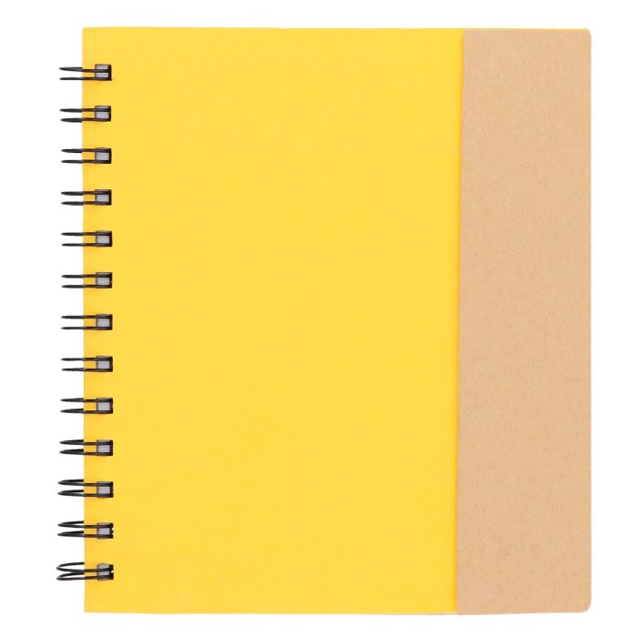 Libreta ecológica de cartón con espiral, cierre magnético. Incluye 5 líneas de banderas adhesivas y dos blocks de notas rectangulares, 70 hojas rayadas y bolígrafo ecológico de cartón reciclado. AMARILLO