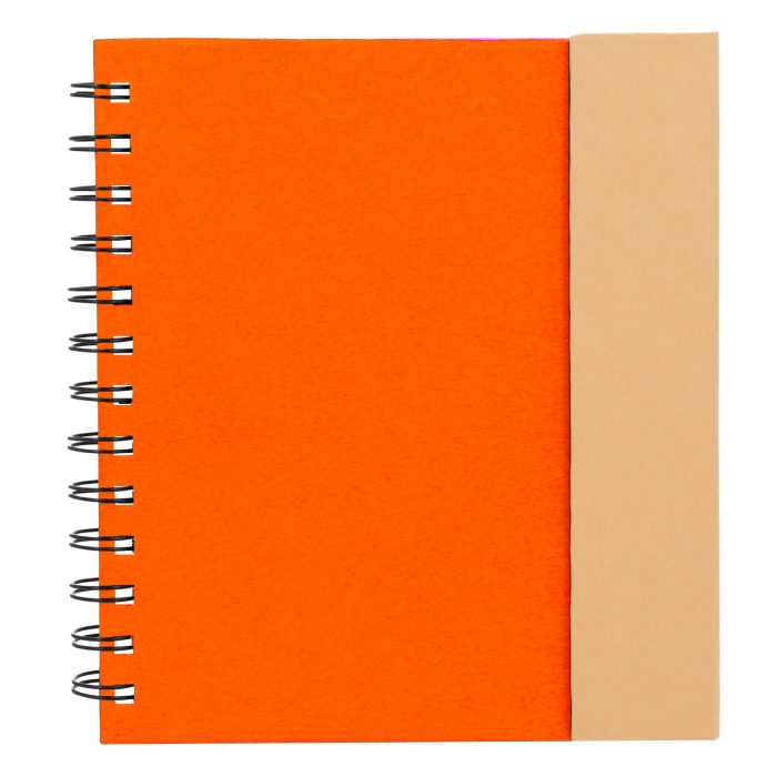 Libreta ecológica de cartón con espiral, cierre magnético. Incluye 5 líneas de banderas adhesivas y dos blocks de notas rectangulares, 70 hojas rayadas y bolígrafo ecológico de cartón reciclado. NARANJA