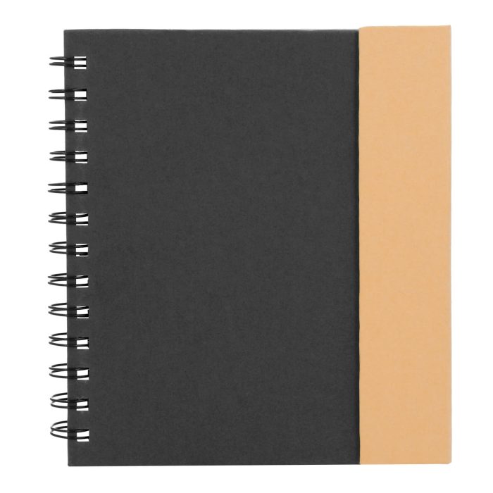 Libreta ecológica de cartón con espiral, cierre magnético. Incluye 5 líneas de banderas adhesivas y dos blocks de notas rectangulares, 70 hojas rayadas y bolígrafo ecológico de cartón reciclado. NEGRO