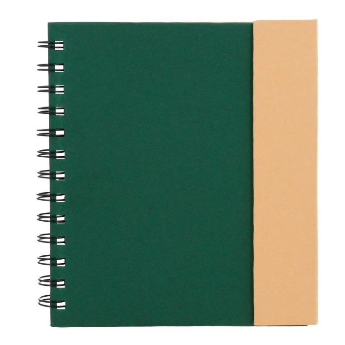 Libreta ecológica de cartón con espiral, cierre magnético. Incluye 5 líneas de banderas adhesivas y dos blocks de notas rectangulares, 70 hojas rayadas y bolígrafo ecológico de cartón reciclado. VERDE