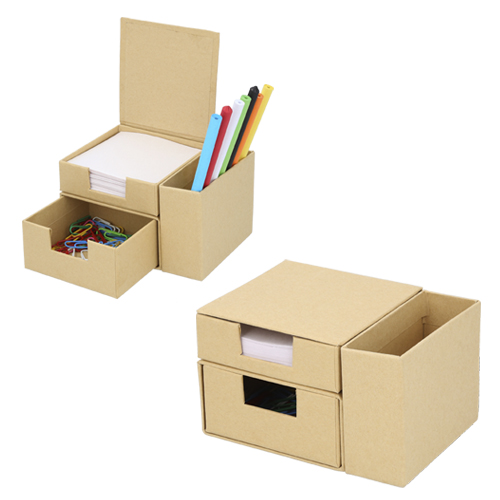 Set ecológico rectangular de cartón con profundidad de 9 cm, contiene compartimento para plumas, porta notas con 150 notas blancas y cajón de clips (50 clips). CARTON