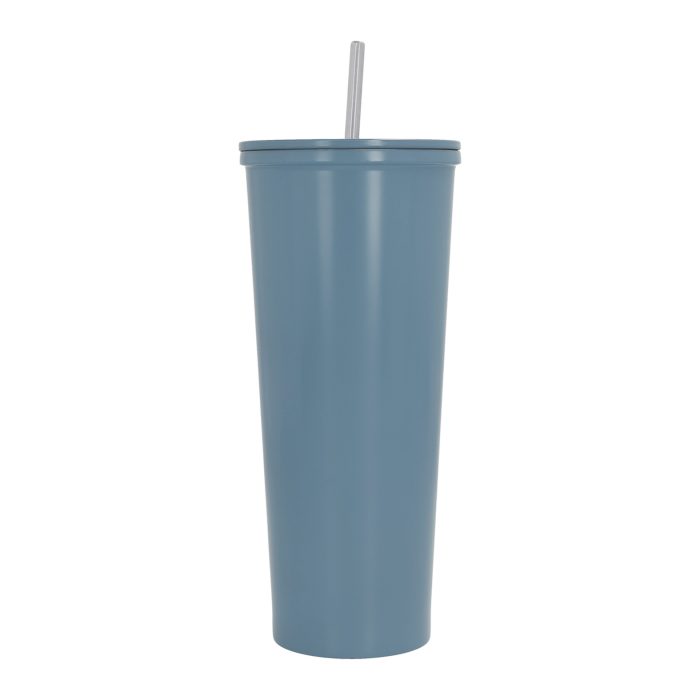 Termo de acero inoxidable con doble pared insulado al vacío. Incluye popote metálico. GRIS