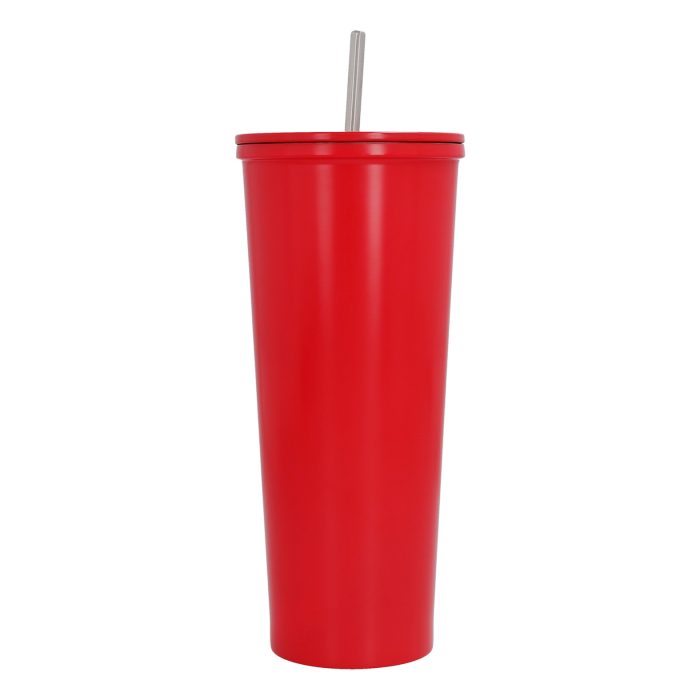 Termo de acero inoxidable con doble pared insulado al vacío. Incluye popote metálico. ROJO