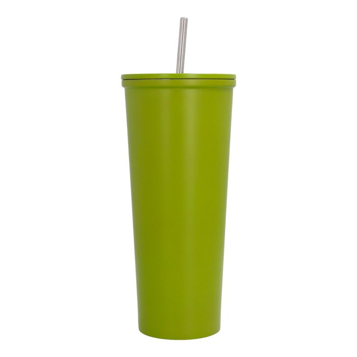 Termo de acero inoxidable con doble pared insulado al vacío. Incluye popote metálico. VERDE