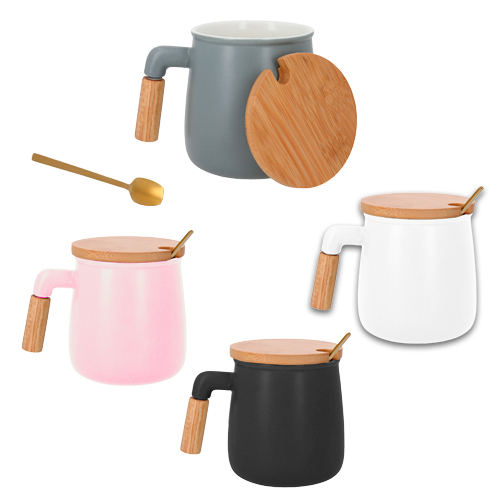 Taza de cerámica con tapa de bambú y cucharilla. BLANCO