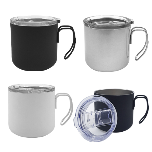Taza con doble pared de acero inoxidable, asa metálica y tapa traslúcida de cierre a presión con seguro deslizable y boquilla. Incluye bolsa y caja individual. BLANCO