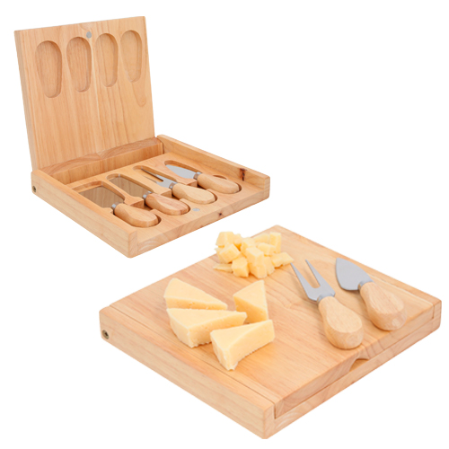 Tabla de quesos con estuche de madera. Incluye 4 piezas: 1 mini cuchillo de pala, 1 mini tenedor, un cuchillo de avión estrecho y un cuchillo. BAMBU