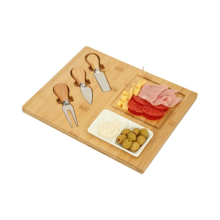 Tabla de quesos que incluye mini plato de cerámica doble, 1 cuchillo de avión estrecho, un cuchillo y un tenedor. BAMBU
