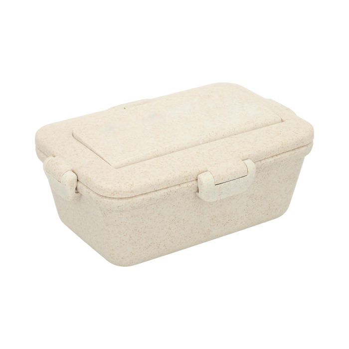 Contenedor para alimento de wheat straw, con clip de seguridad, compartimento superior para cubiertos y soporte para celular. Incluye tenedor y cuchara. NATURAL