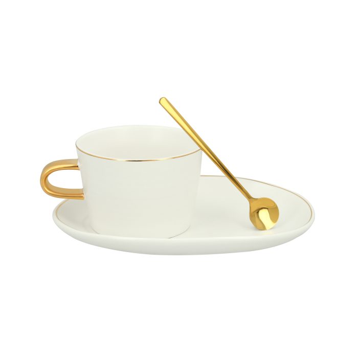 Taza de cerámica con cuchara de acero inoxidable y plato de cerámica. BLANCO