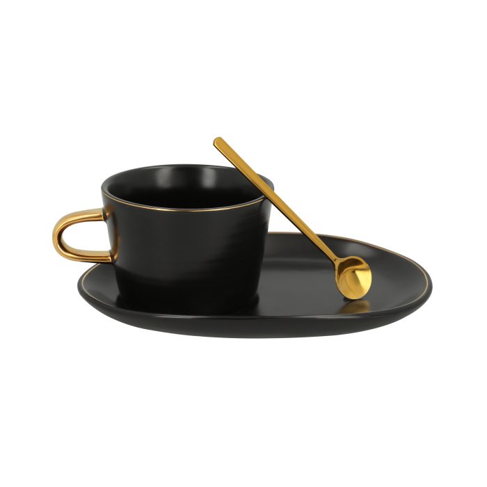 Taza de cerámica con cuchara de acero inoxidable y plato de cerámica. NEGRO
