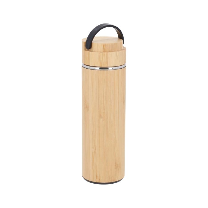 Termo insulado al vacío con acabado de bambú, doble pared de acero inoxidable, rejilla metálica y tapa enroscable con asa de plástico. BAMBU