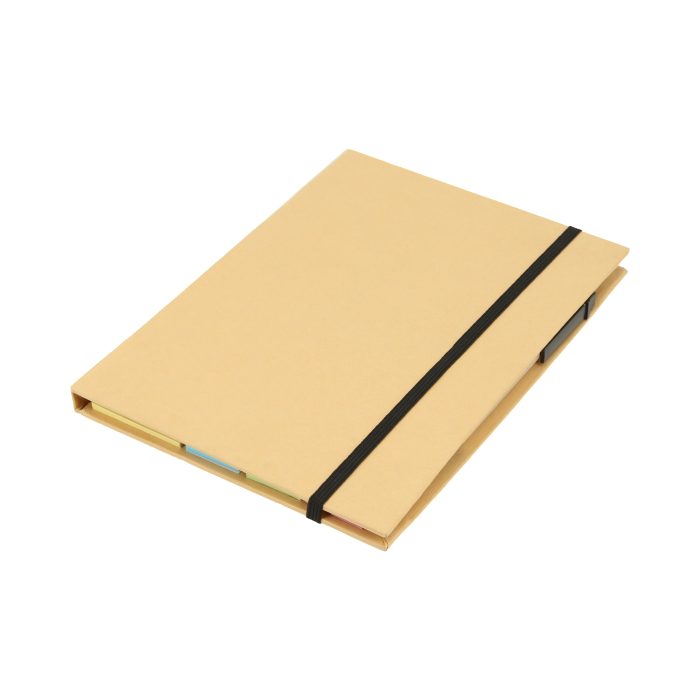 Libreta ecológica de catón con 70 hojas rayadas, bolígrafo, notas adhesivas y ranura porta tarjetas. CARTON