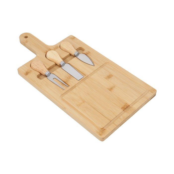 Set de tabla para quesos que incluye, 2 cuchillos y 1 tenedor para quesos. BAMBU