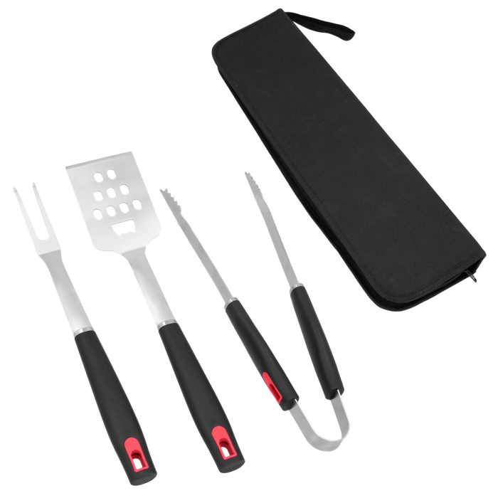 Estuche portátil con utensilios para BBQ. Incluye 3 utensilios: pinzas para carne, tenedor y volteador. NEGRO