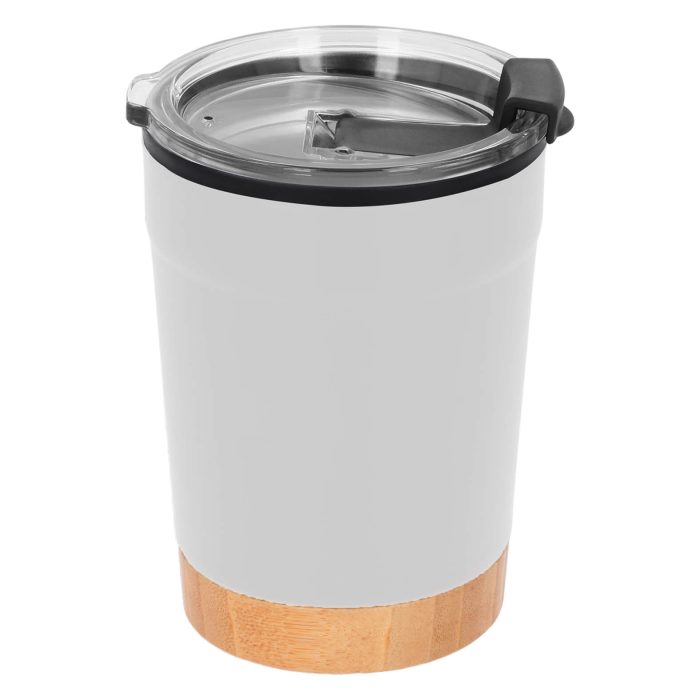 Termo de doble pared con acabado rugoso, exterior de acero inoxidable e interior de plástico y base de bambú. Incluye tapa de cierre a presión. BLANCO