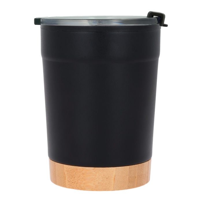 Termo de doble pared con acabado rugoso, exterior de acero inoxidable e interior de plástico y base de bambú. Incluye tapa de cierre a presión. NEGRO