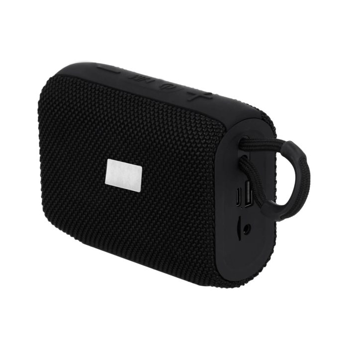 Bocina inalámbrica portátil con entrada micro SD, USB, auxiliar y audífonos con mecanismo touch. Incluye cable de carga tipo C. NEGRO