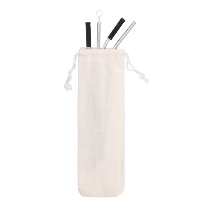 Set de popotes de acero inoxidable reutilizables con estuche de poliéster y correa ajustable que incluye: boquillas de silicón, 2 popotes curvos y 2 popotes rectos con cepillo limpiador. NEGRO