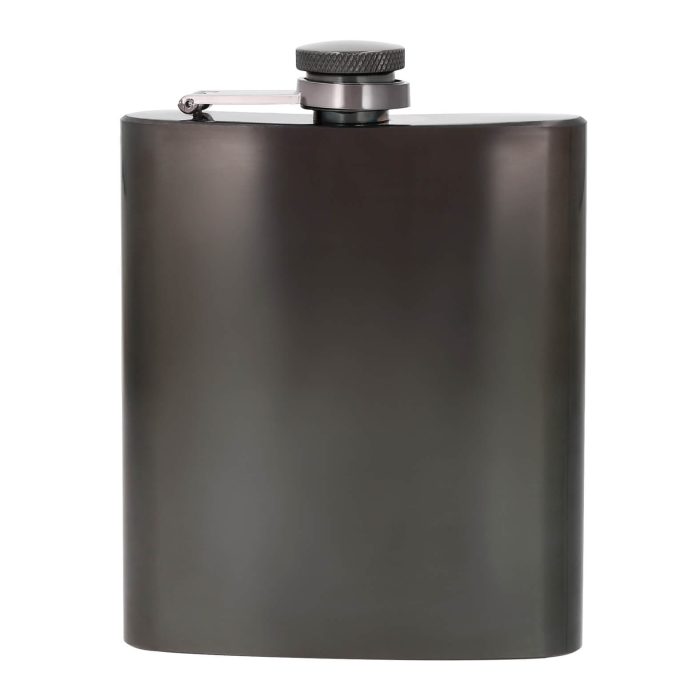 Licorera de 7 oz. con acabado espejo y tapa enroscable sujeta al cuerpo. NEGRO
