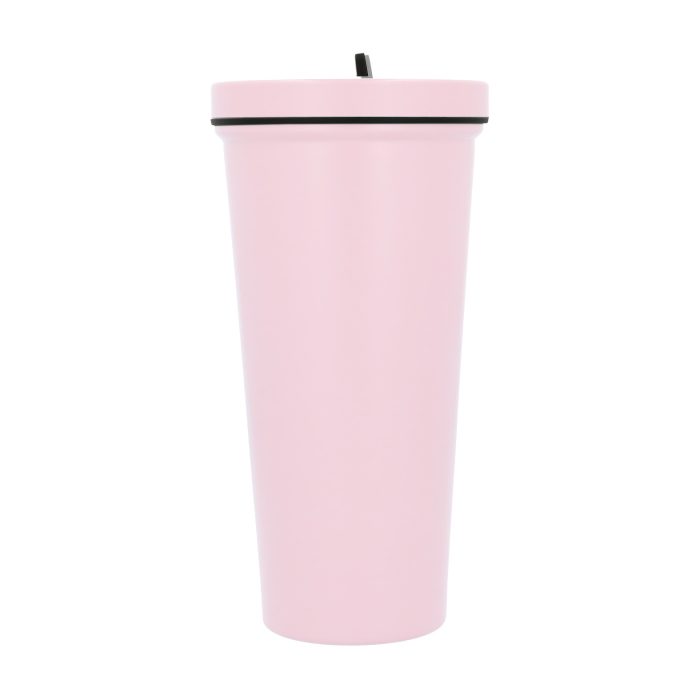 Termo de acero inoxidable de doble pared insulado al vacío, su tapa enroscable cuenta con boquilla abatible y popote. ROSA