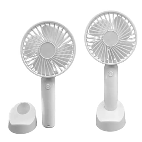 Ventilador portátil, base y mango de plástico, con botón de encendido y apagado, con 3 velocidades. (Batería recargable incluida). BLANCO