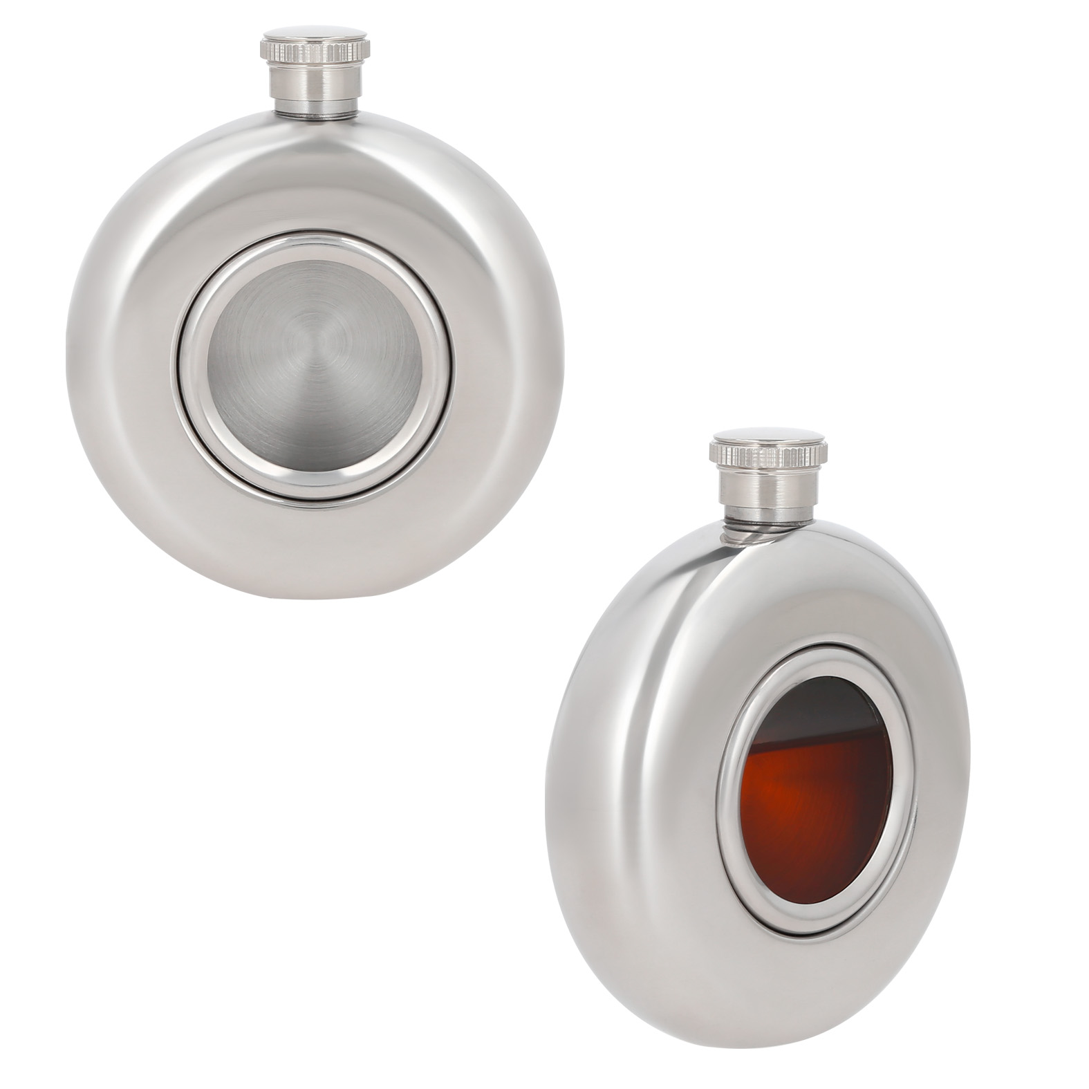 Licorera de 5 oz. con centro transparente y tapa enroscable. PLATA