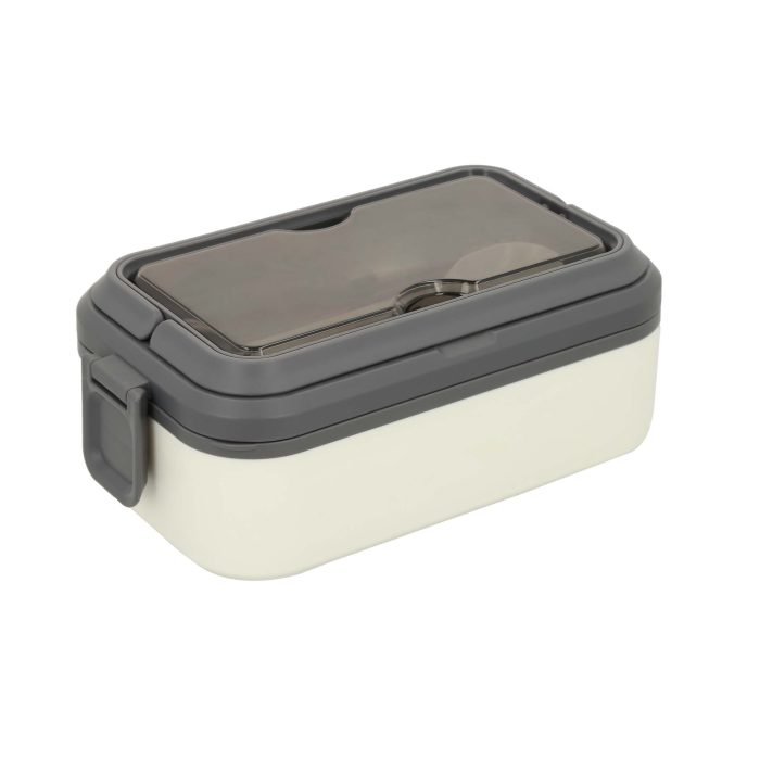 Contenedor de alimentos de plástico, con asas superiores, clips de seguridad y compartimento para cuchara y tenedor. BLANCO