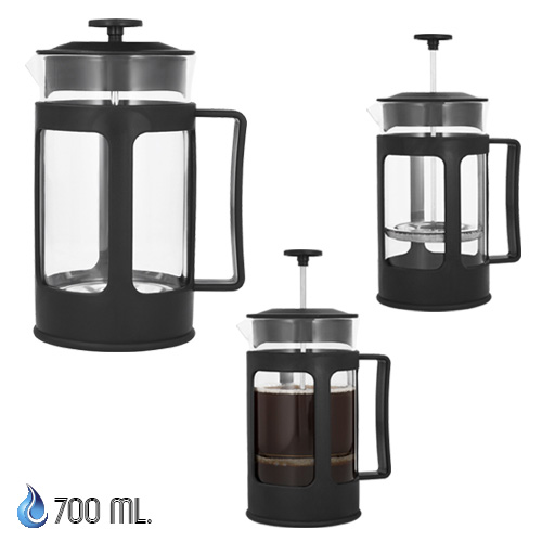 Cafetera de cristal tipo francés con base y tapa de plástico, filtro de acero inoxidable. NEGRO